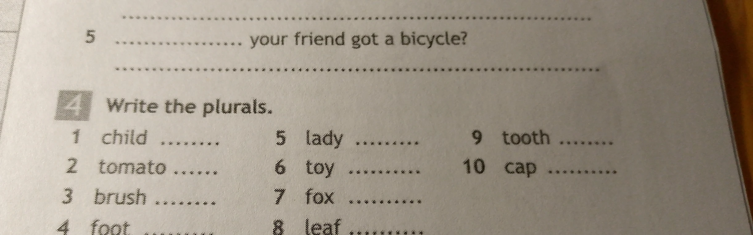 Write the plurals. 1 child ........ 2 tomato ...... 3 brush ........ 4 foot ........ 5 lady ........ 6 toy ......... 7 fox ........... 8 leaf ......... 9 tooth ........ 10 cap ..........