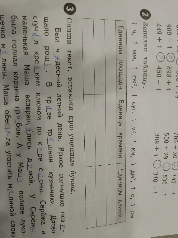 Заполни таблицу. Спиши текст, вставляя пропущенные буквы.
