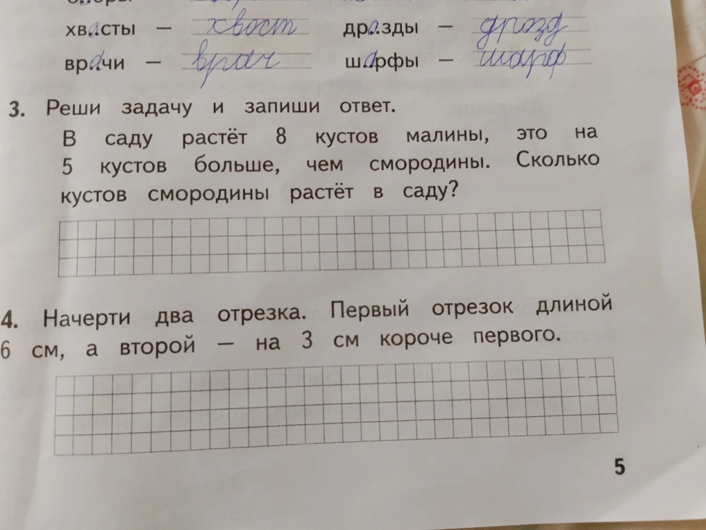 В саду растёт 8 кустов малины, это на 5 кустов больше, чем смородины. Сколько кустов смородины растёт в саду?