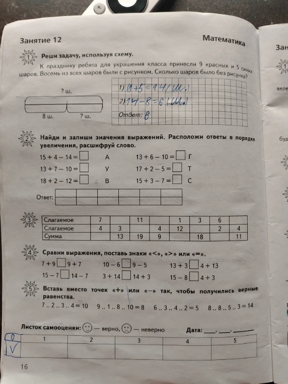 Реши задачу, используя схему. К празднику ребята для украшения класса принесли 9 красных и 5 синих шаров. Восемь из всех шаров были с рисунком. Сколько шаров было без рисунка?