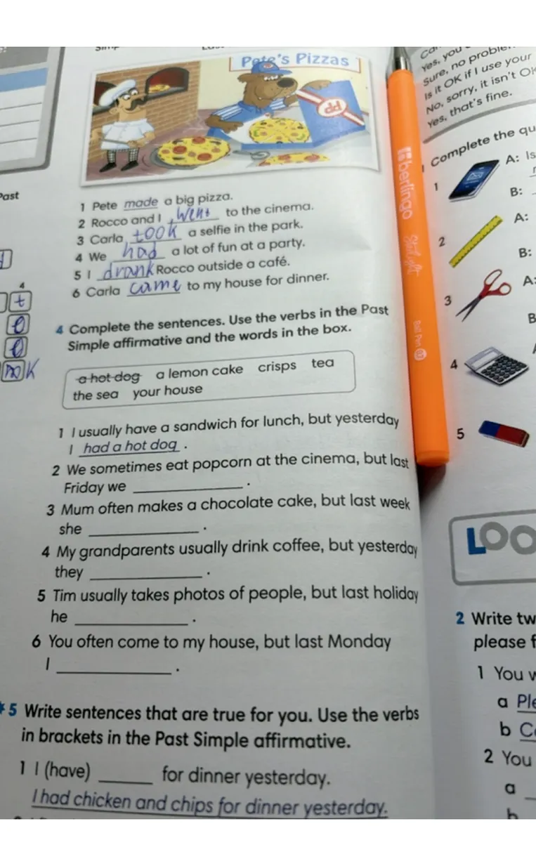 Complete the sentences. Use the verbs in the Past Simple affirmative and the words in the box.
