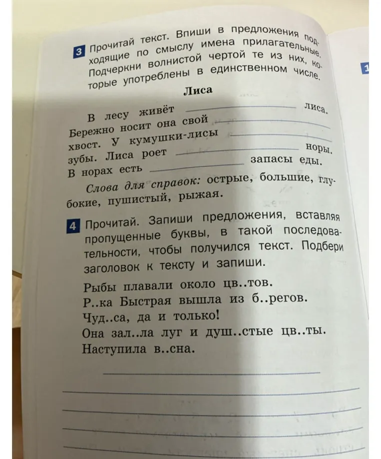 Прочитай текст. Впиши в предложения подходящие по смыслу имена прилагательные.