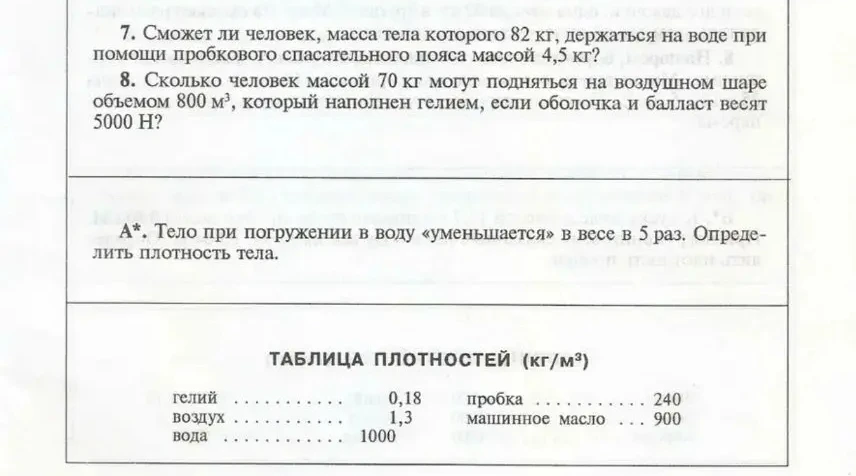 7. Сможет ли человек, масса тела которого 82 кг, держаться на воде при помощи пробкового спасательного пояса массой 4,5 кг?