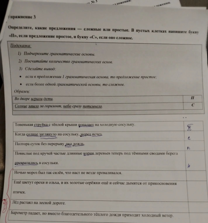 Определите, какие предложения — сложные или простые. В пустых клетках напишите букву «П», если предложение простое, и букву «С», если оно сложное.