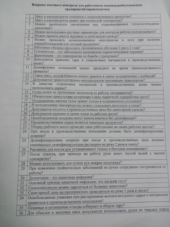Вопросы тестового контроля для работников мясоперерабатывающих предприятий (производство)