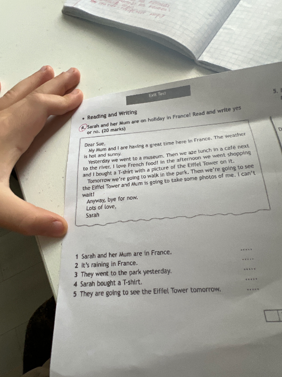 Sarah and her Mum are on holiday in France! Read and write yes or no. (20 marks)