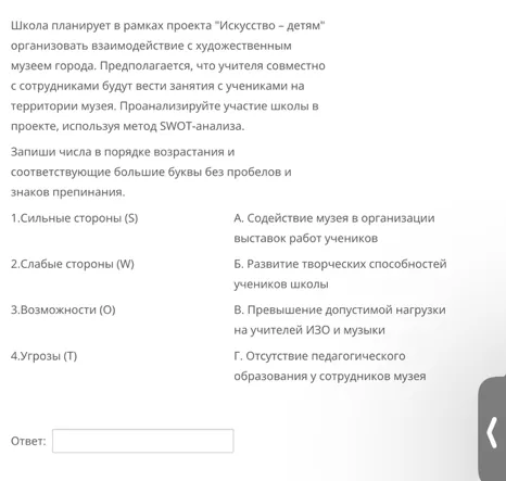 Школа планирует в рамках проекта "Искусство – детям" организовать взаимодействие с художественным музеем города. Проанализируйте участие школы в проекте, используя метод SWOT-анализа.