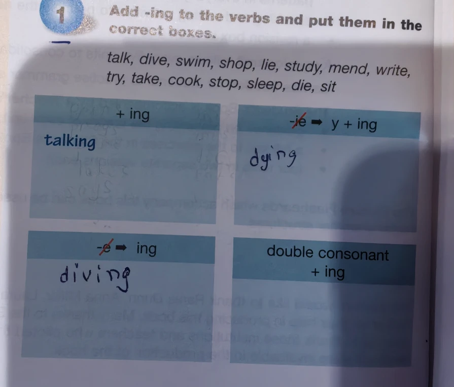 Add -ing to the verbs and put them in the correct boxes.