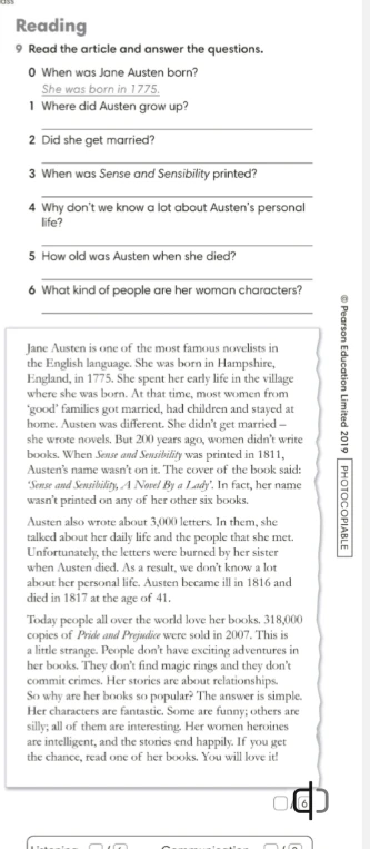 9 Read the article and answer the questions. 0 When was Jane Austen born?