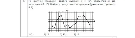 9. На рисунке изображён график функции y = f(x), определённой на интервале (-7; 10). Найдите сумму точек экстремума функции на отрезке [-4; 8].