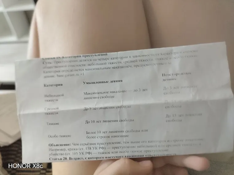 Статья 15. Категории преступлений. Преступления делятся на четыре категории в зависимости от характера и степени общественной опасности: небольшой тяжести, средней тяжести, тяжкие и особо тяжкие.