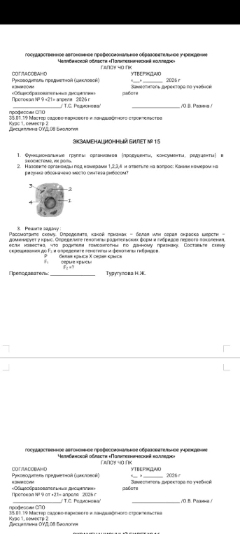 Экзаменационный билет № 15. Задания по биологии: функциональные группы организмов, органоиды клетки, генетическая задача.