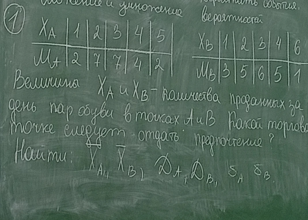 Величины XA и XB — количества проданных за день пар обуви в точках A и B. Какой торговой точке следует отдать предпочтение? Найти: XA, XB, DA, DB, σA, σB.