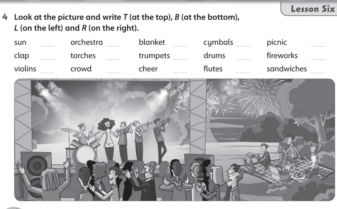 Look at the picture and write T (at the top), B (at the bottom), L (on the left) and R (on the right).