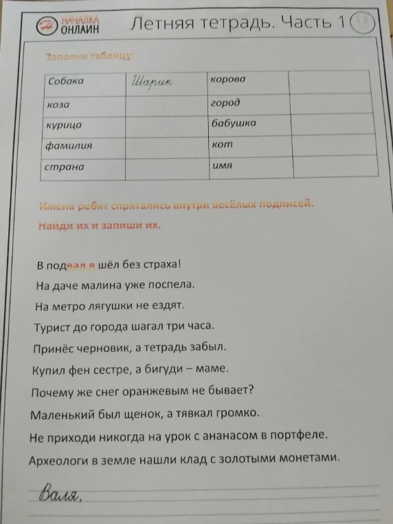 Заполни таблицу: Собака, коза, курица, фамилия, страна, корова, город, бабушка, кот, имя.