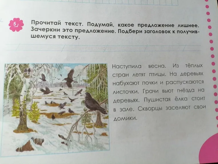Прочитай текст. Подумай, какое предложение лишнее. Зачеркни это предложение. Подбери заголовок к получившемуся тексту.