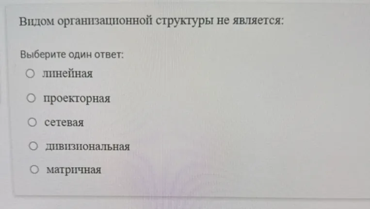 Видом организационной структуры не является: Выберите один ответ: линейная, проекторная, сетевая, дивизиональная, матричная.
