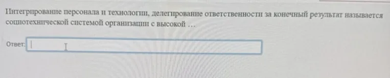 Интегрирование персонала и технологии, делегирование ответственности за конечный результат называется социотехнической системой организации с высокой ...