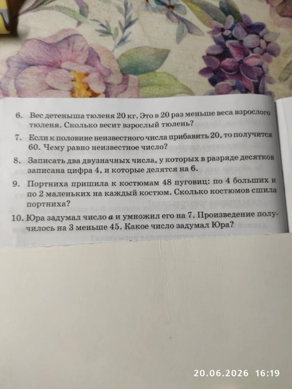 6. Вес детеныша тюленя 20 кг. Это в 20 раз меньше веса взрослого тюленя. Сколько весит взрослый тюлень?