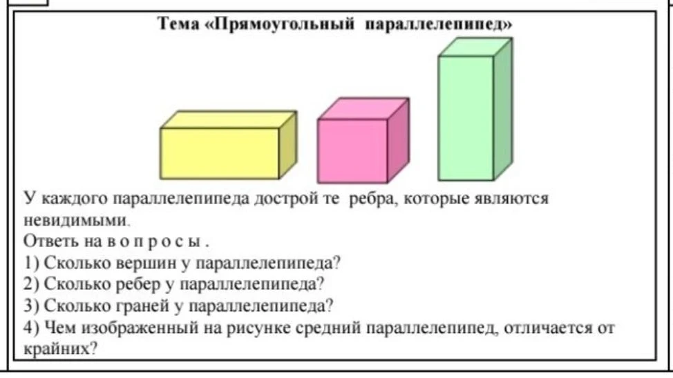 У каждого параллелепипеда достройте ребра, которые являются невидимыми. Ответь на вопросы.