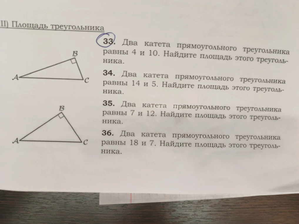 33. Два катета прямоугольного треугольника равны 4 и 10. Найдите площадь этого треугольника.