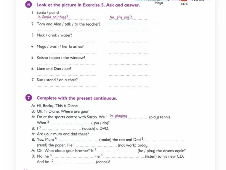 Look at the picture in Exercise 5. Ask and answer.
