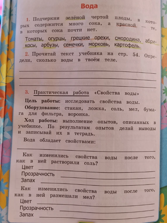 1. Подчеркни зелёной чертой плоды, в которых содержится много сока, а красной — те, в которых сока почти нет.