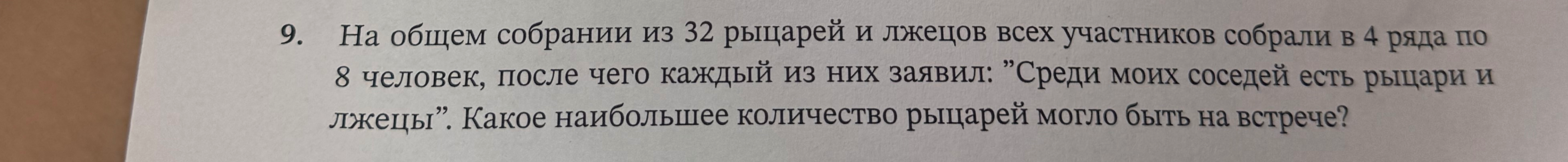 На общем собрании из 32 рыцарей и лжецов всех участников собрали в 4 ряда по 8 человек, после чего каждый из них заявил: "Среди моих соседей есть рыцари и лжецы". Какое наибольшее количество рыцарей могло быть на встрече?
