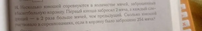 14. Несколько юношей соревнуются в количестве мячей, заброшенных в баскетбольную корзину. Первый юноша забросил 2 мяча, а каждый следующий — в 2 раза больше мячей, чем предыдущий. Сколько юношей участвовало в соревнованиях, если в корзину было заброшено 254 мяча?