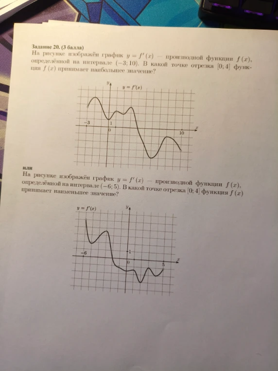 На рисунке изображён график y = f'(x) — производной функции f(x), определённой на интервале (-3; 10). В какой точке отрезка [0; 4] функция f(x) принимает наибольшее значение?