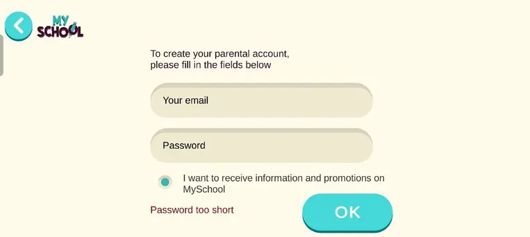 To create your parental account, please fill in the fields below
