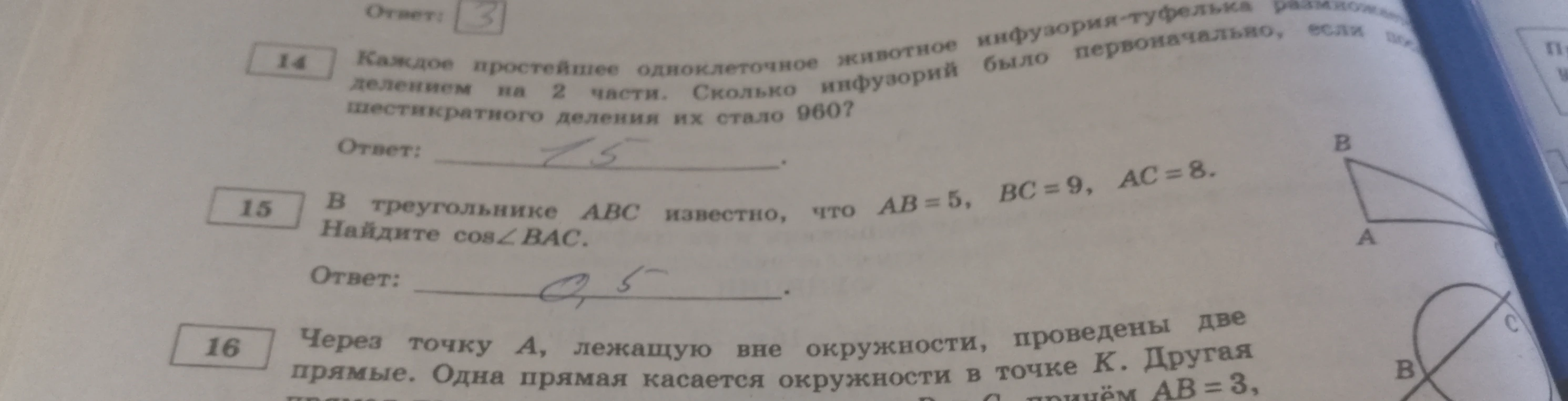 В треугольнике ABC известно, что AB = 5, BC = 9, AC = 8. Найдите cos ∠BAC.