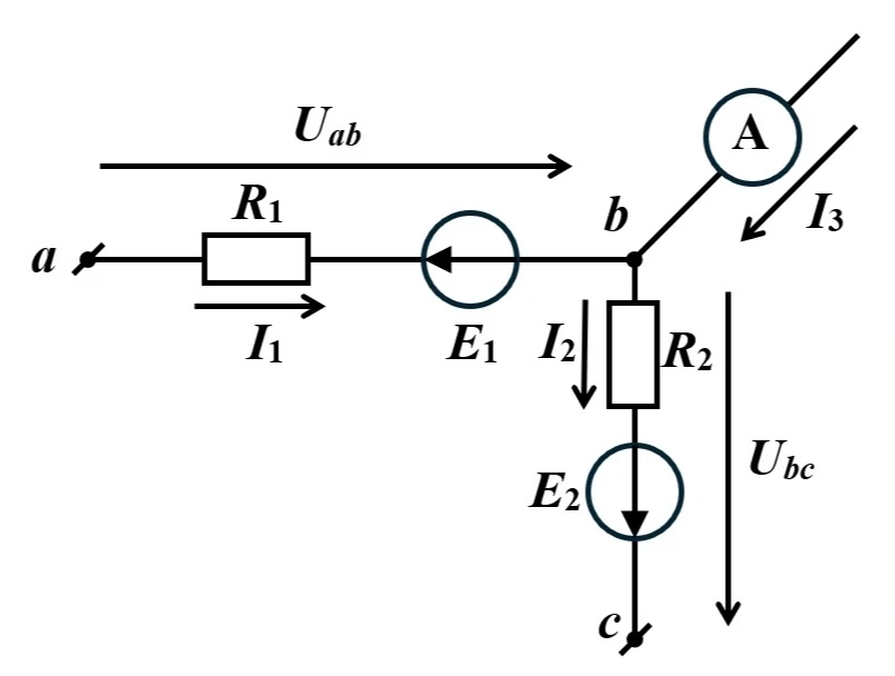 Дано: R1=31,9 Ом; R2=15,1 Ом; E1=10,1 В; E2=35 В; Uab=54 В; Ubc=12 В. Найти: с помощью законов Кирхгофа показания амперметра (ток I3 ) в электрической цепи на рис. 1 с точностью до 2-го знака после запятой.