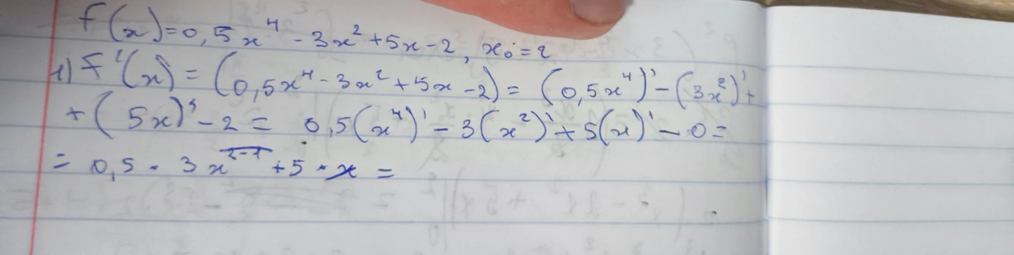 f(x)=0,5x^4 - 3x^2 + 5x - 2, x_0=2