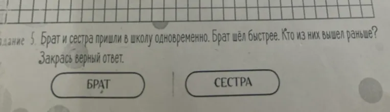 Брат и сестра пришли в школу одновременно. Брат шёл быстрее. Кто из них вышел раньше?