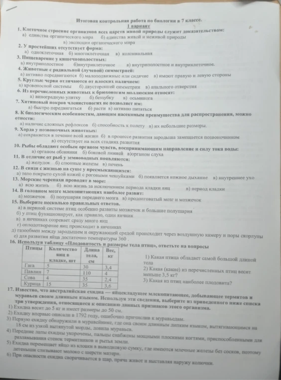 Итоговая контрольная работа по биологии в 7 классе.