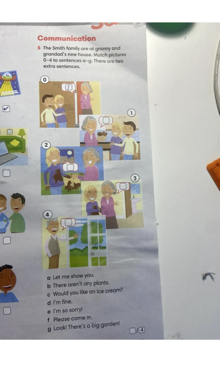 Match pictures 0-4 to sentences a-g.
