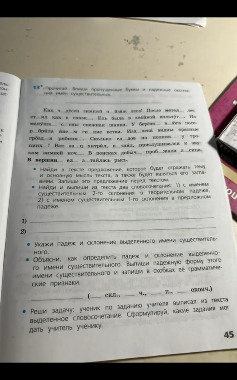 Прочитай. Впиши пропущенные буквы и падежные окончания имён существительных.