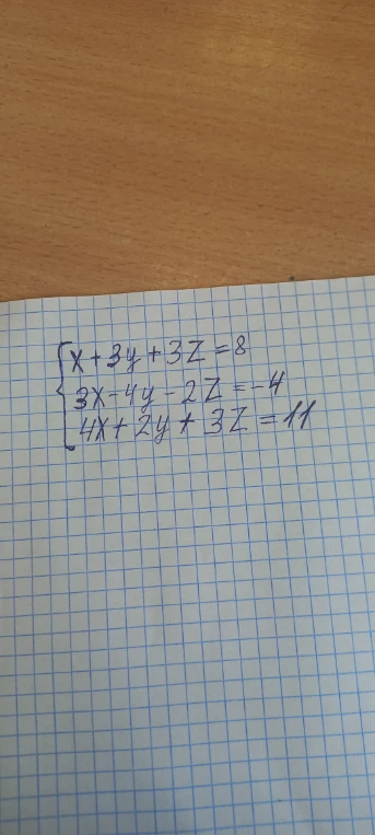 x + 3y + 3z = 8, 3x - 4y - 2z = -4, 4x + 2y + 3z = 11