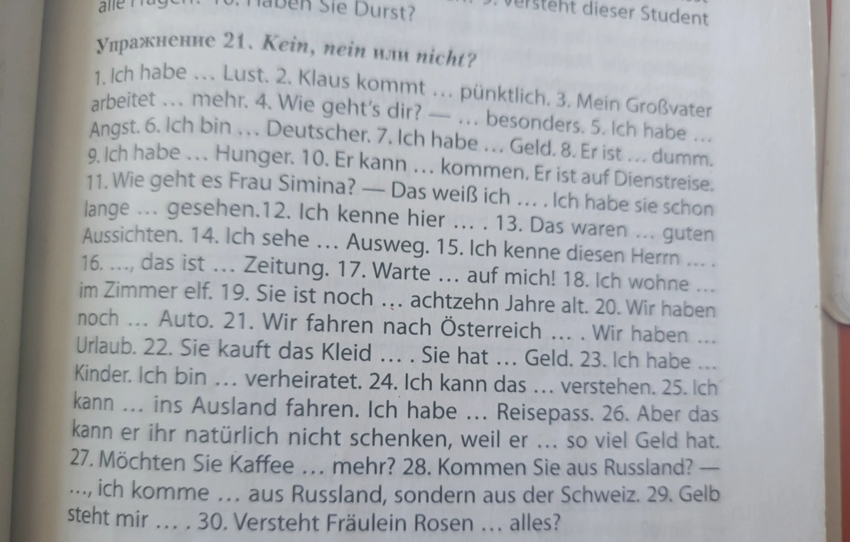 Упражнение 21. Kein, nein или nicht?