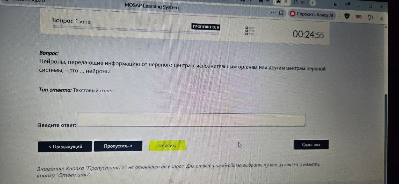 Нейроны, передающие информацию от нервного центра к исполнительным органам или другим центрам нервной системы, — это ... нейроны