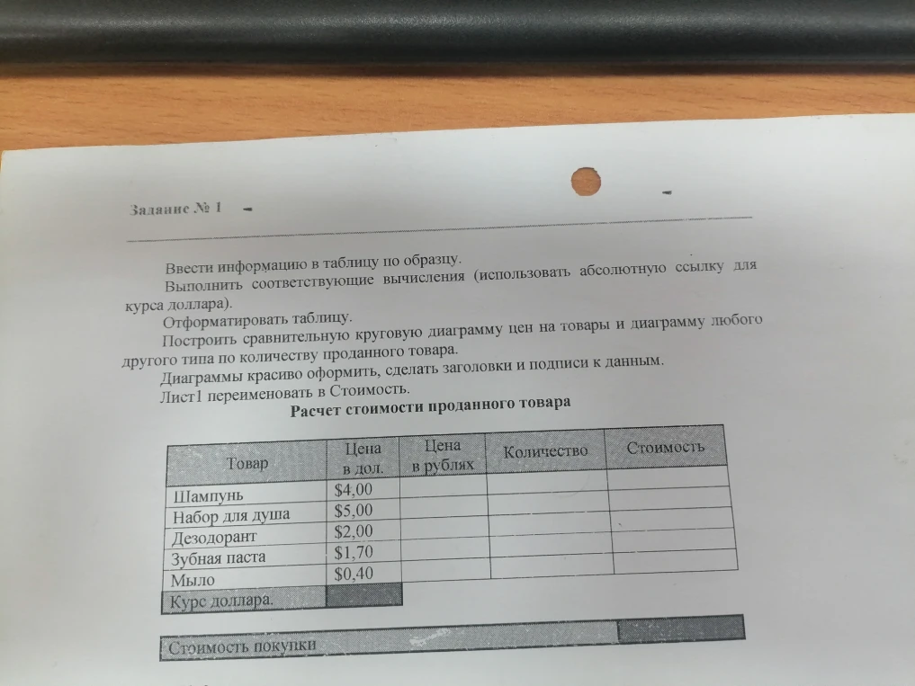 Ввести информацию в таблицу по образцу. Выполнить соответствующие вычисления (использовать абсолютную ссылку для курса доллара).