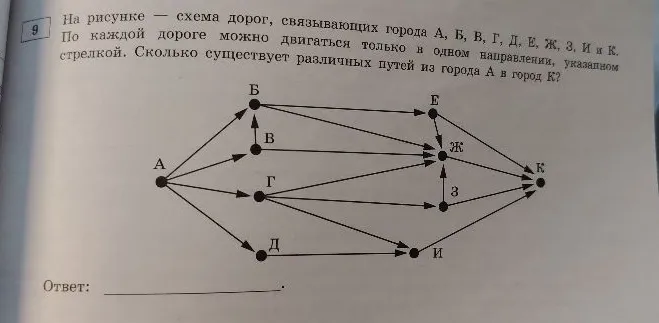 На рисунке — схема дорог, связывающих города А, Б, В, Г, Д, Е, Ж, З, И и К. По каждой дороге можно двигаться только в одном направлении, указанном стрелкой. Сколько существует различных путей из города А в город К?