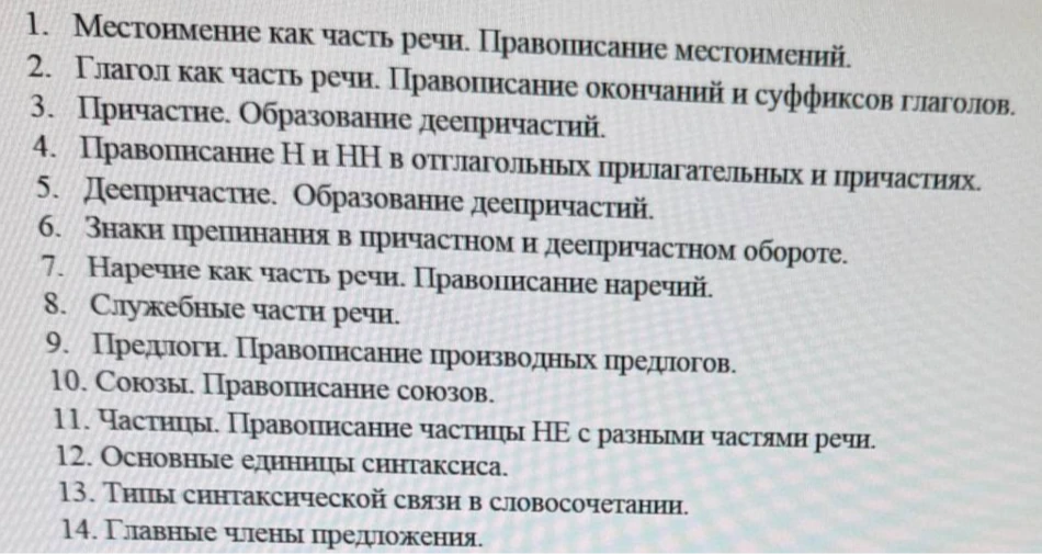 На изображении представлен перечень из 14 тем по предмету «Русский язык» для подготовки к экзаменам или урокам.