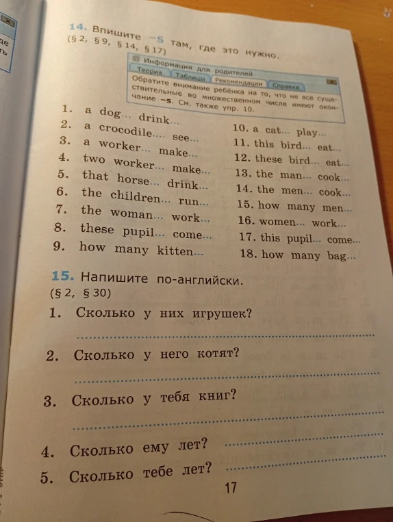 14. Впишите -s там, где это нужно. 15. Напишите по-английски.