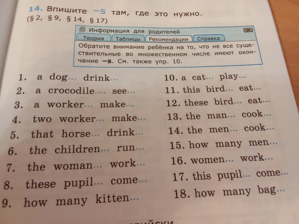14. Впишите -s там, где это нужно.