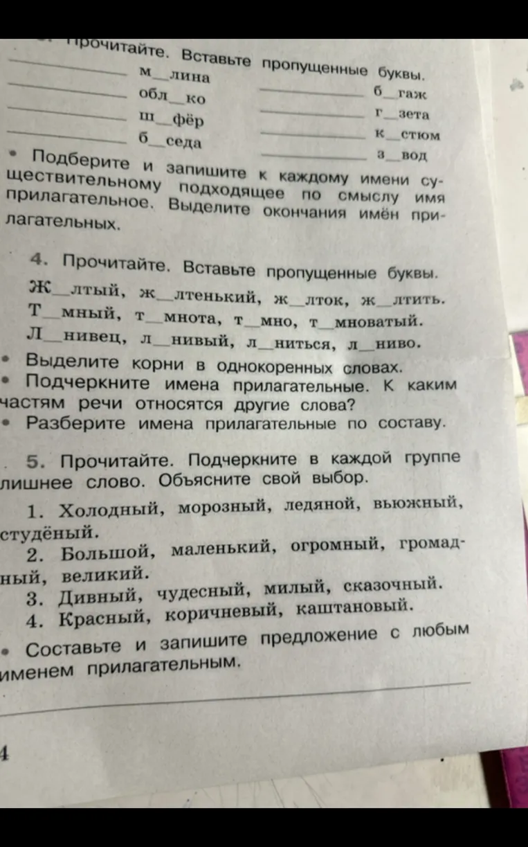 Прочитайте. Вставьте пропущенные буквы. м_лина обл_ко ш_фёр б_седа б_гаж г_зета к_стюм з_вод