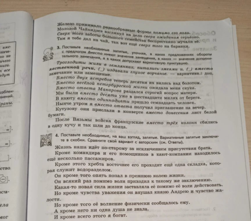 3. Поставьте необходимые запятые, уточняя, в каких предложениях обороты с предлогом вместо имеют значение замещения, в каких — значение дополнительного замечания, а в каких допускают вариативную пунктуацию.