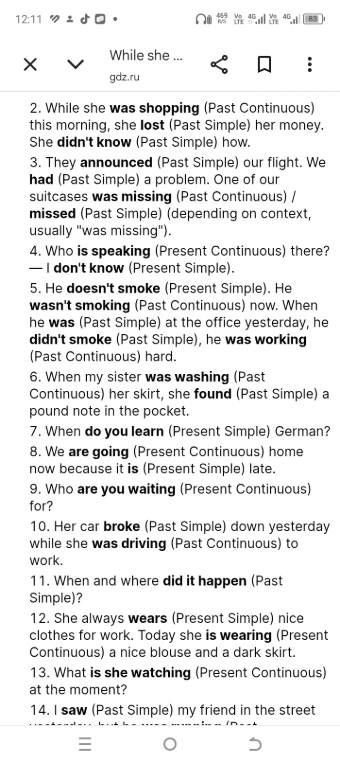 2. While she was shopping (Past Continuous) this morning, she lost (Past Simple) her money. She didn't know (Past Simple) how.