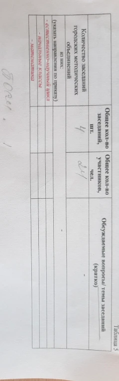 На изображении представлена таблица для заполнения данных о заседаниях методических объединений (количество заседаний, участников и темы).